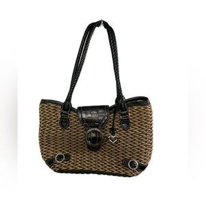 Brighton Women's Woven Jute Black Leather Accents Snap Over Closure Shoulder Bag